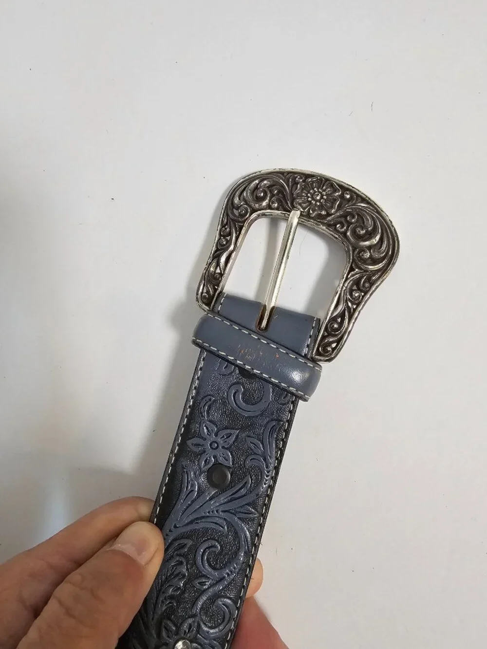 Tony Lama Belt Leather Western Floral Tooled Blue Boho 38
